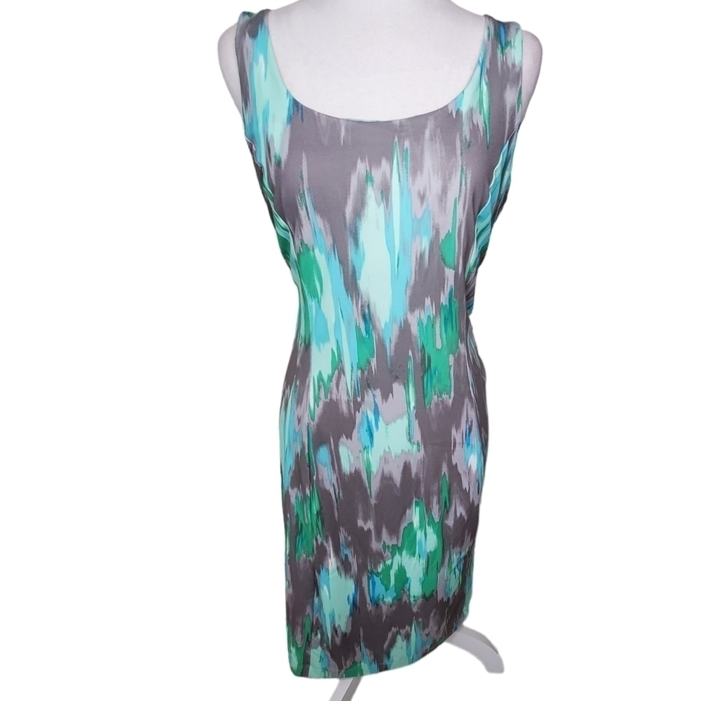 Eddie Bauer Travex Tank Midi Dress Gray Green Watercolor, Built in Bra Sz lg
